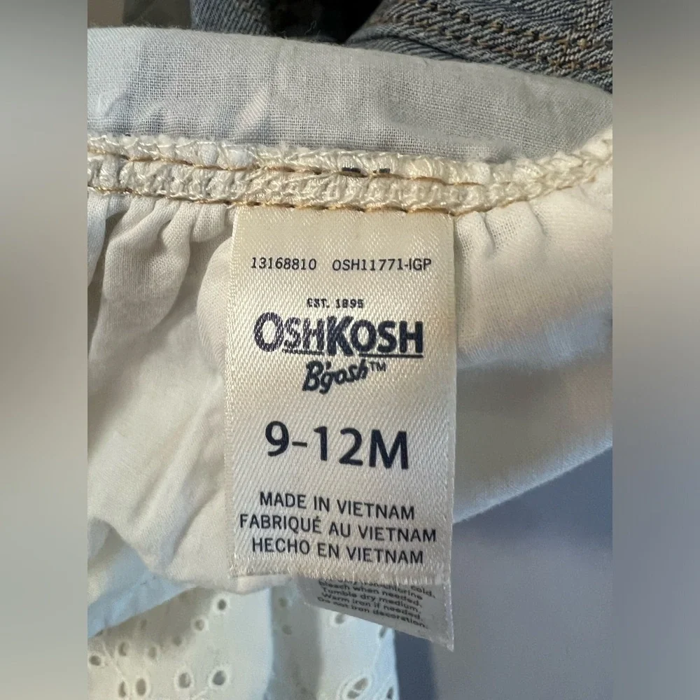 Vtg Osh Kosh Girl Bib Overalls Denim Dress Jumper White Eyelet Lace Sz 9-12 Mths